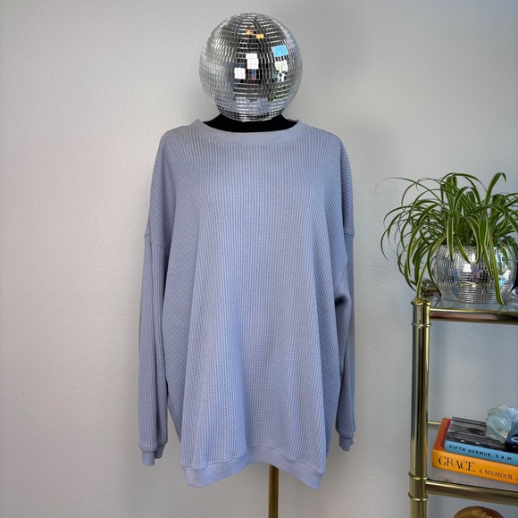 Aerie Womens Oversized Waffle Knit Crewneck Sweatshirt Light Blue Medium - Picture 2 of 16